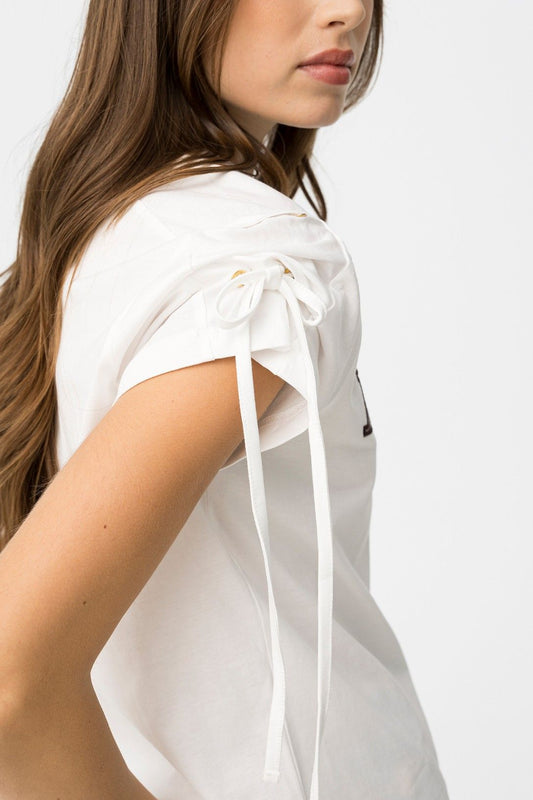 T-Shirt donna cotone Judi dettaglio laccetti - maglia cotone ricamo elegante