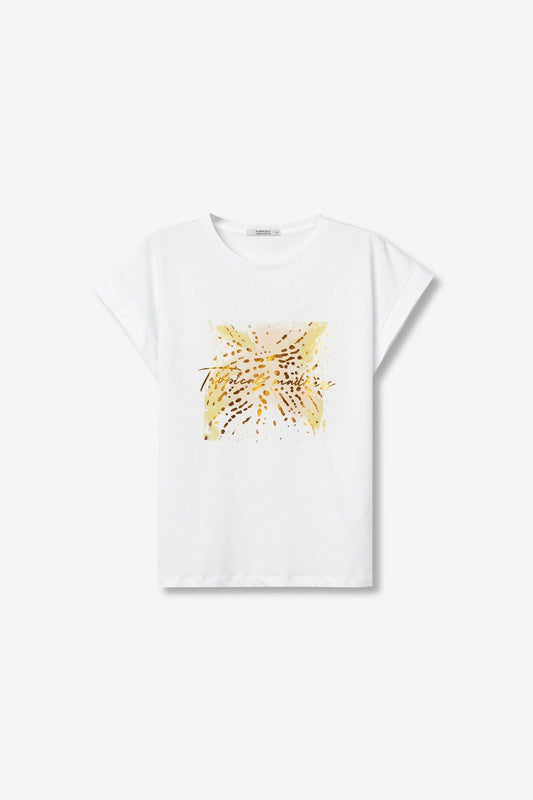 T-Shirt donna Kika cotone bianca star white - stampa giallo arancione vista frontale su sfondo neutro