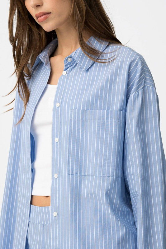 Camicia donna cotone a righe - dettaglio pattern blu bianco
