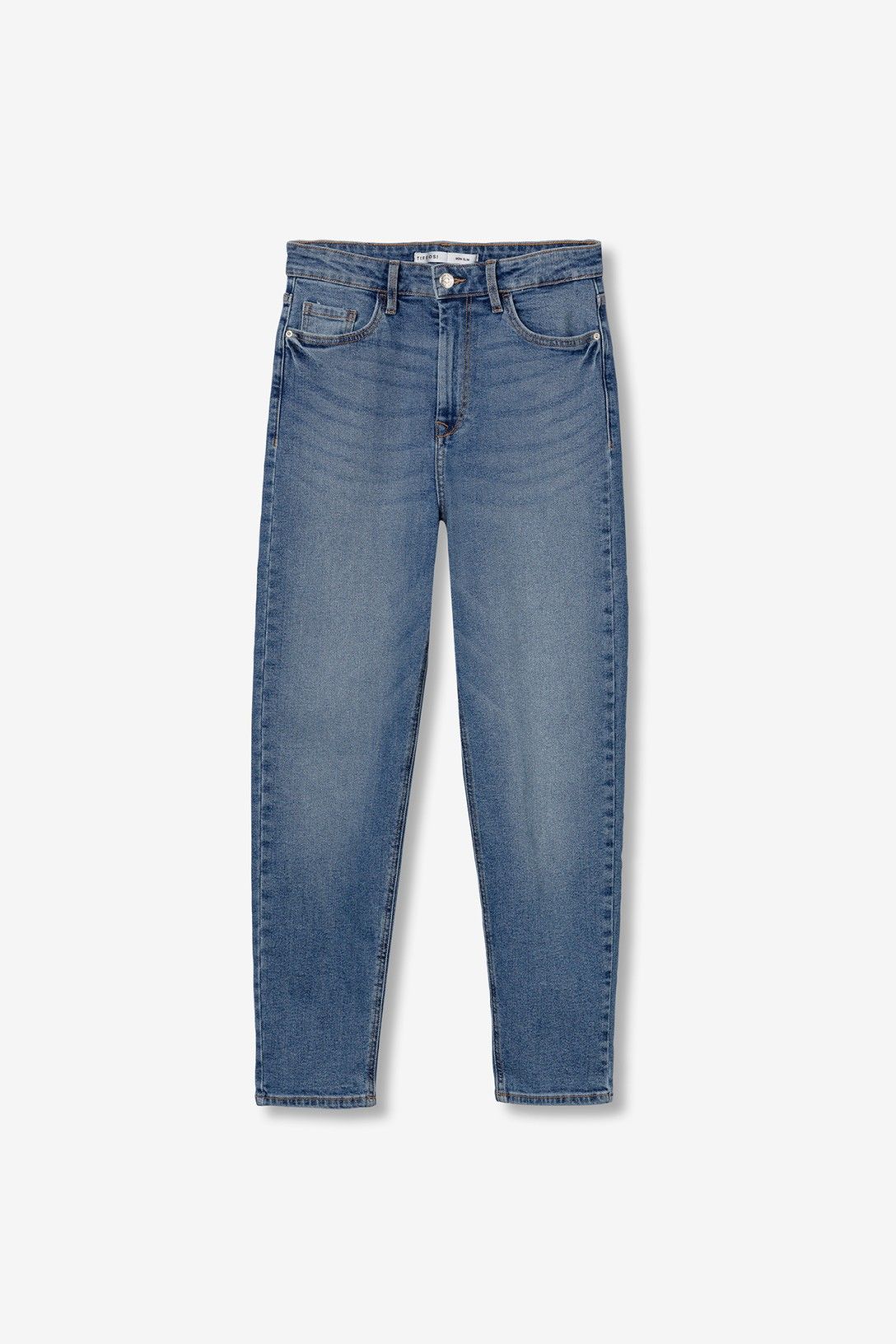 "Jeans Mom_Slim_39 blu denim a vita alta - immagine prodotto su sfondo neutro"