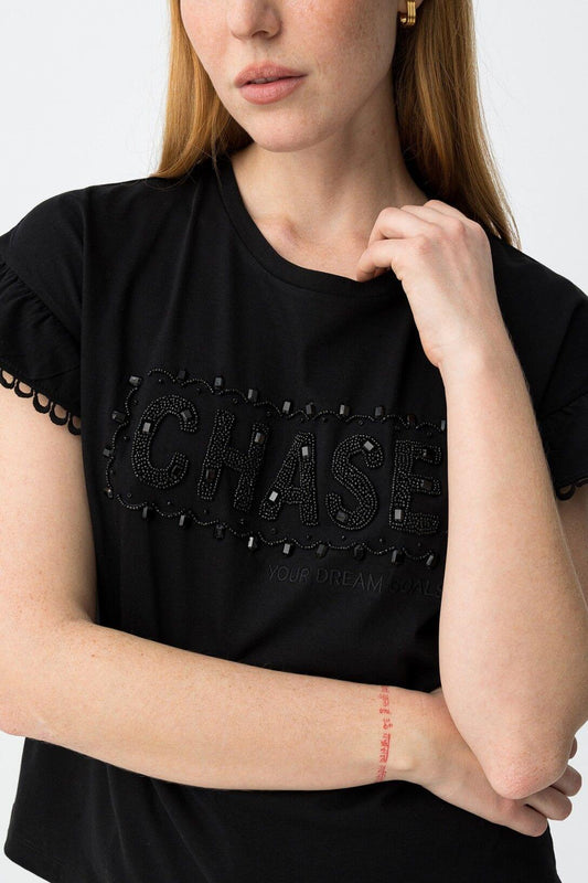 T-shirt donna Noemia nera Tiffosi 100% cotone maniche pizzo - dettaglio Chase lucido