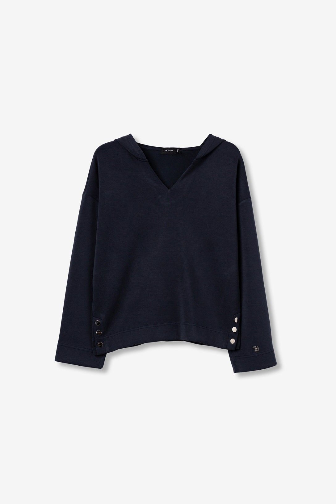 Felpa blu Olivia Tiffosi con cappuccio, della tuta donna olivia blu scollo a V e bottoni laterali, vista frontale su sfondo bianco