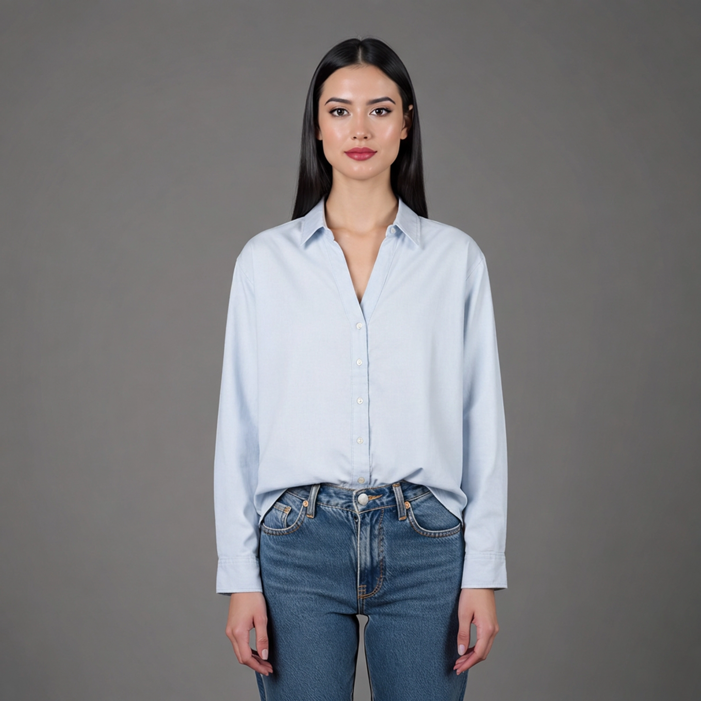 Camicia Donna Oxford vista frontale - indossata da modella.