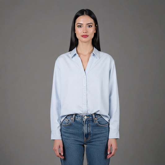 Camicia Donna Oxford Casual - Scollo V Cotone Manica Lunga