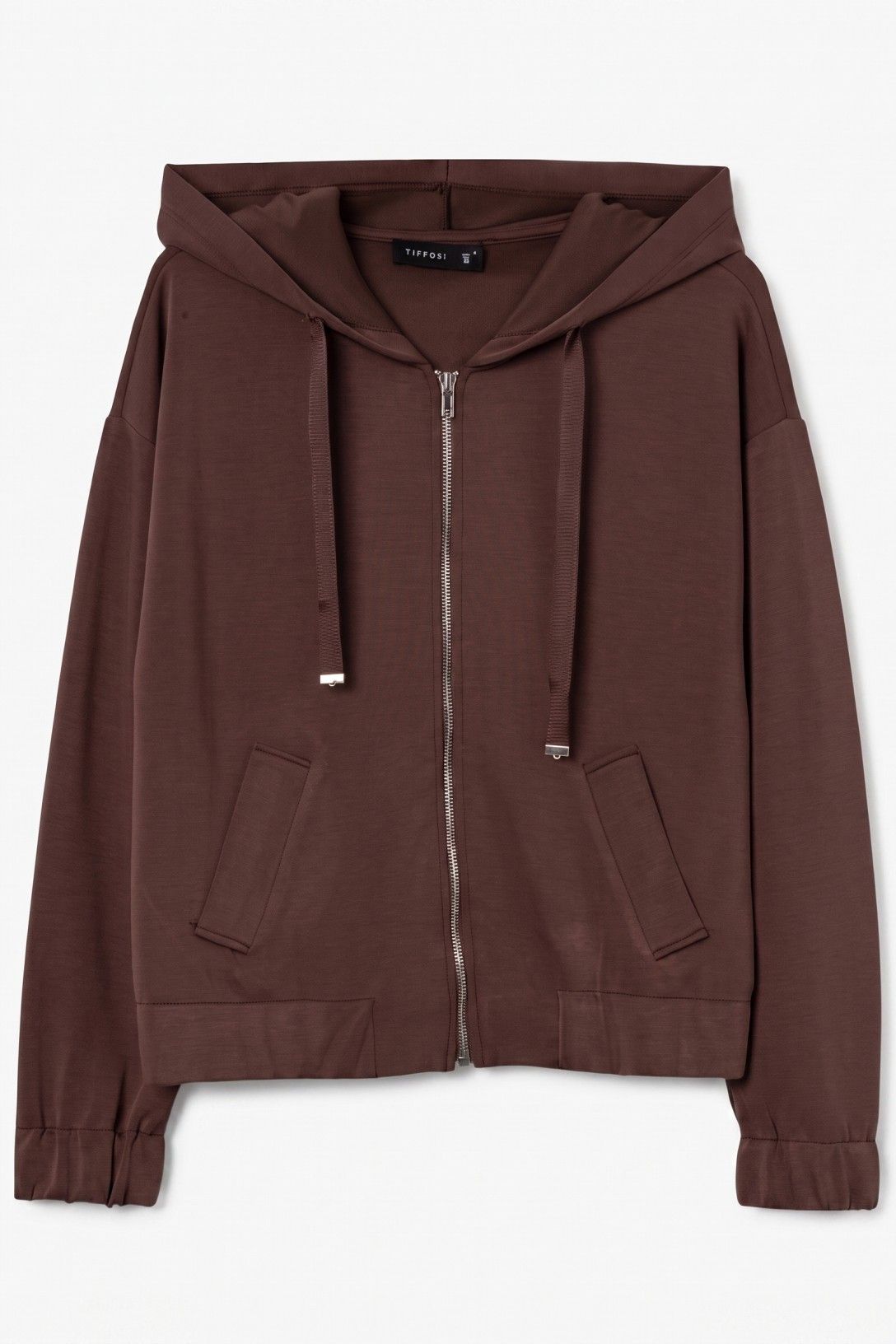 Felpa della tuta donna Pam color cioccolato, vista frontale con cappuccio, coulisse, zip e tasche