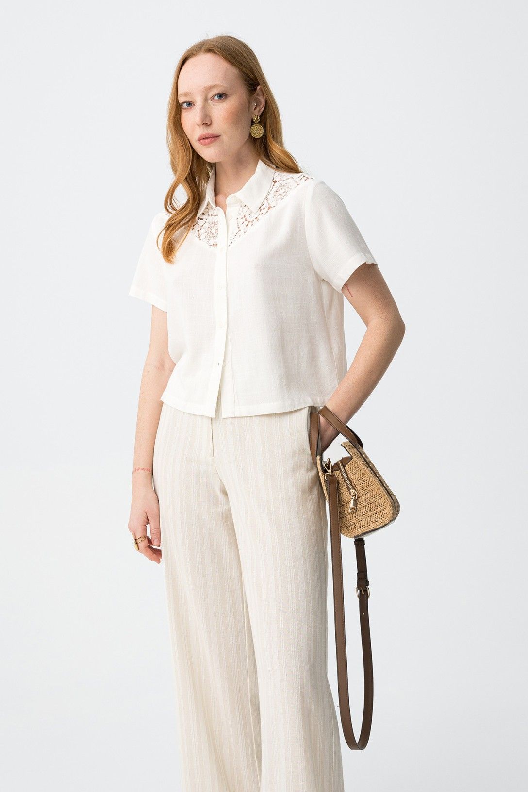 Pantalone Donna Beige Gamba Larga Provence - Righe Sottili Eleganti