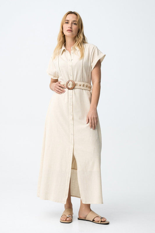 Abito Lungo Donna Riley Beige - Vestito Maxi in Lino e Cotone con Collo Camicia