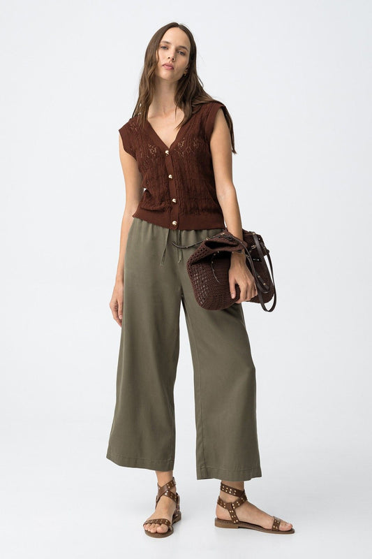 Pantalone donna con coulisse gamba larga vita alta lyocell verde militare, modello Roselin con coulisse