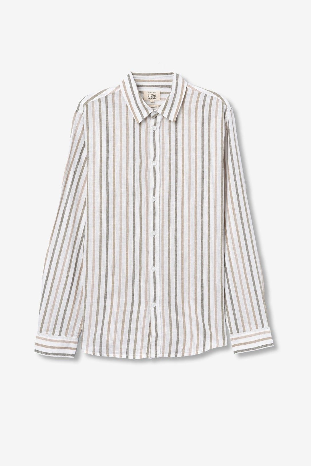 Dettaglio tessuto camicia uomo Vincent - Lino 55% cotone 45% righe verticali verdi beige