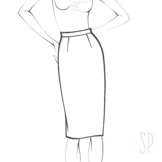 Disegno di una gonna a tubino elegante da donna, moda Frarò Made in Italy.