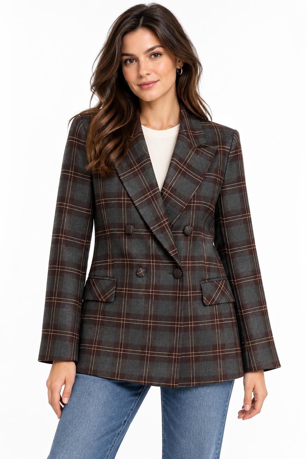 Blazer donna a quadri 536 Erica Bellucci indossato, vista frontale con chiusura doppiopetto e linea avvitata.