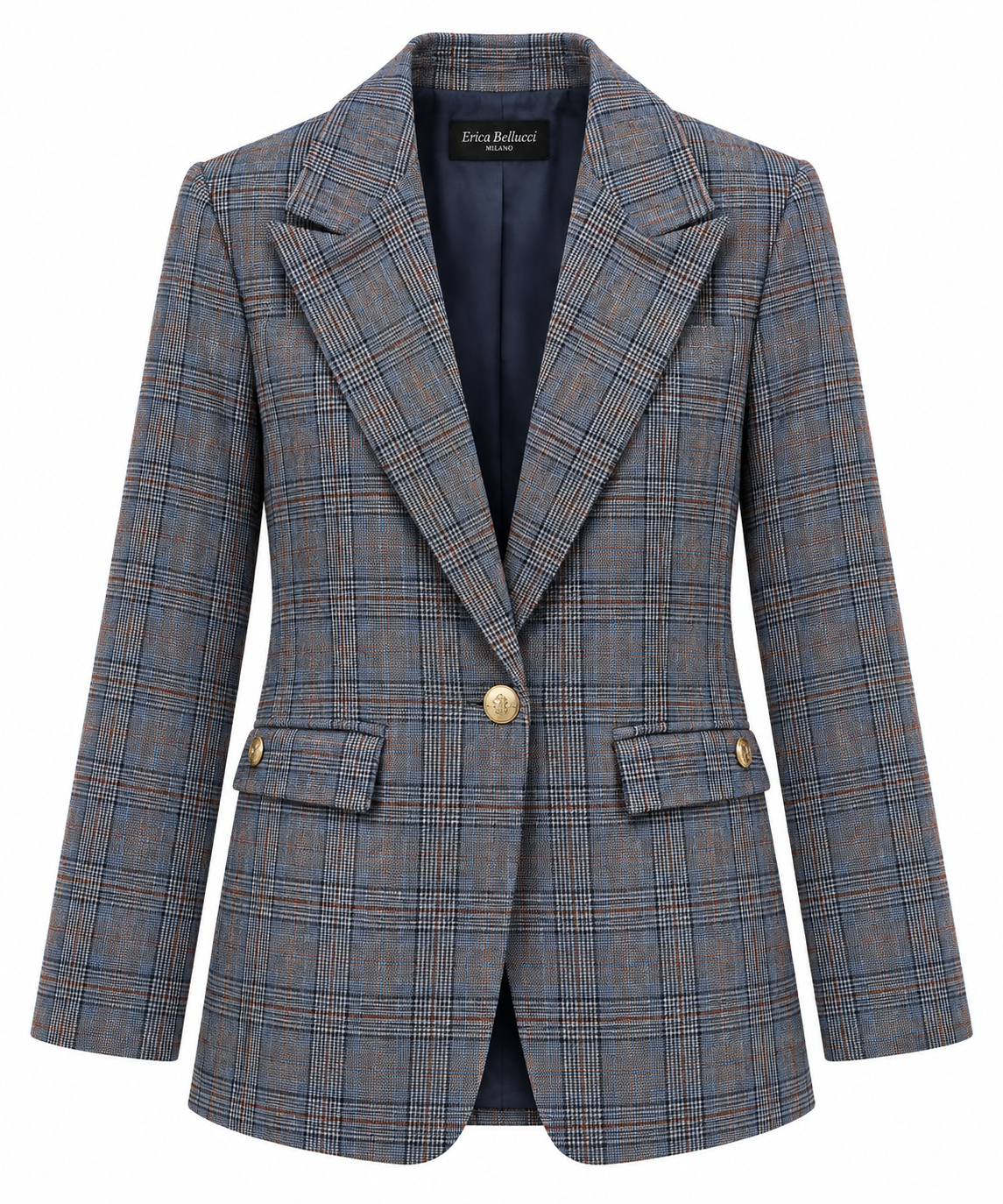 “Blazer donna a quadri blu 521 Erica Bellucci, vista frontale del capo con revers, bottone dorato e tasche con pattina”