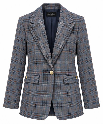 “Blazer donna a quadri blu 521 Erica Bellucci, vista frontale del capo con revers, bottone dorato e tasche con pattina”