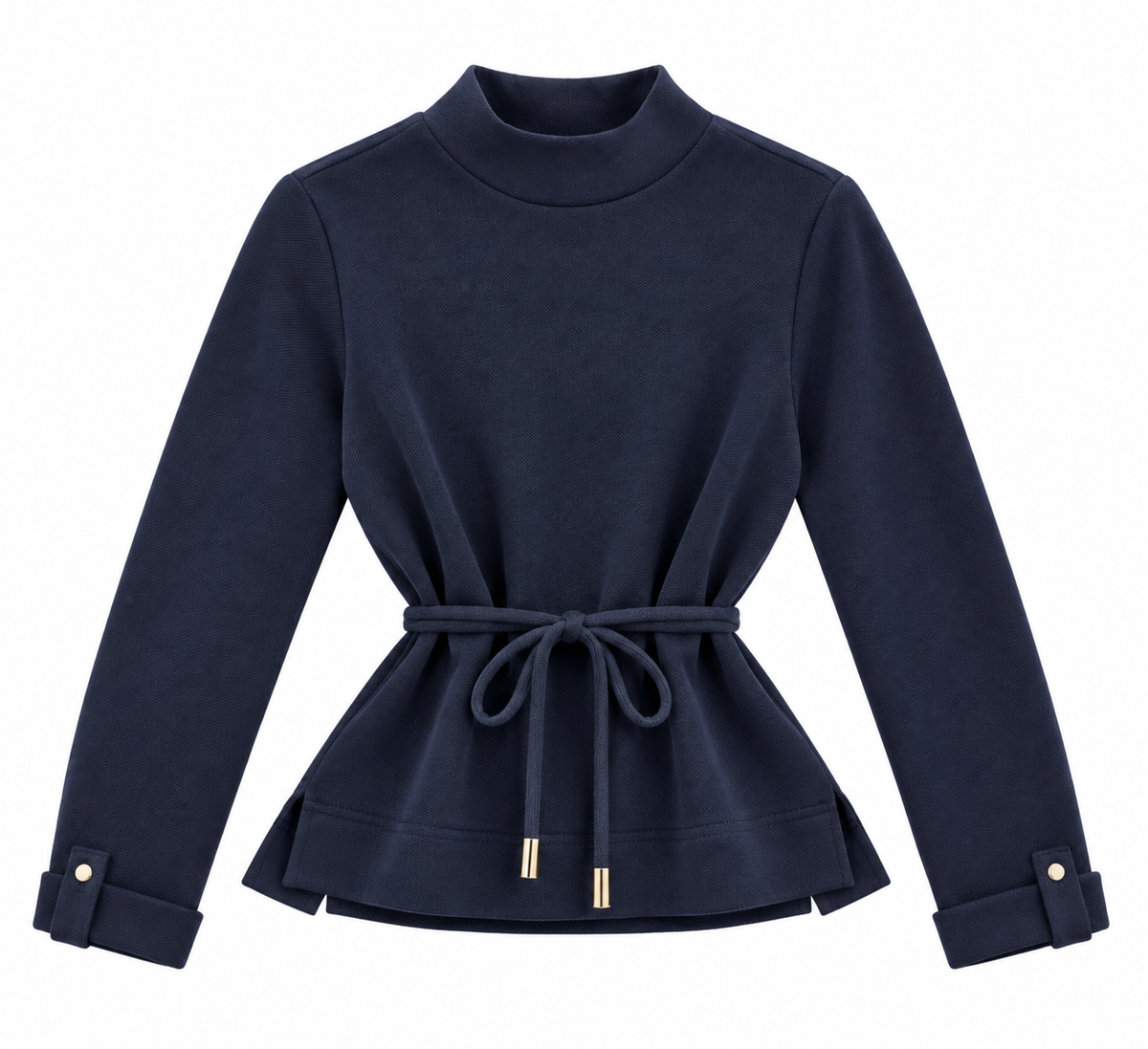 Maglia del completo donna Aria Tiffosi blu scuro con mezzo collo, cintura da annodare e bottoni dorati ai polsi, vista frontale.