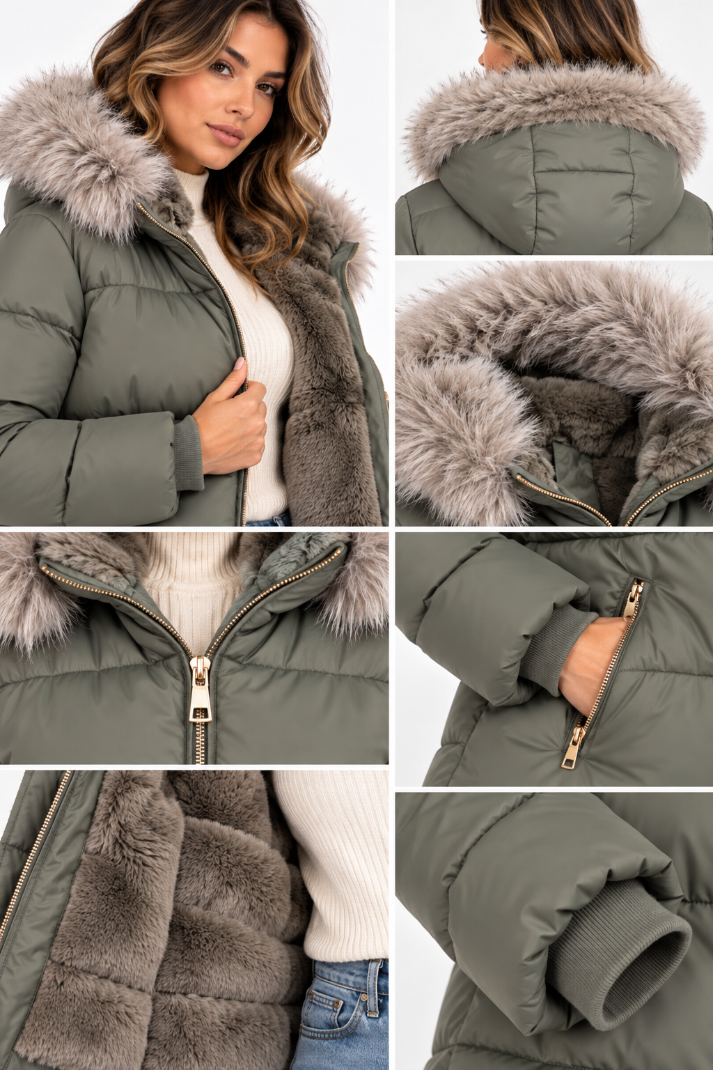Giubbotto donna Cora verde salvia, collage dei dettagli di cappuccio, tasche, zip e polsini.