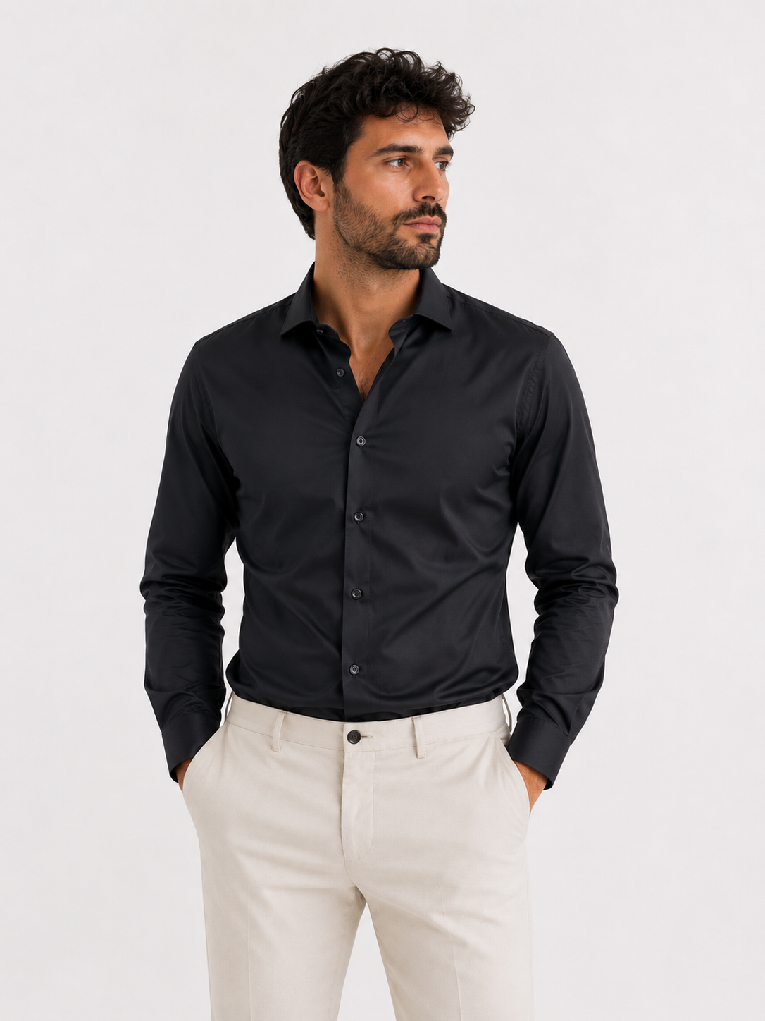 Camicia uomo soft basic nera elegante da uomo Frarò - vista frontale - indossata da modello - Made in Italy