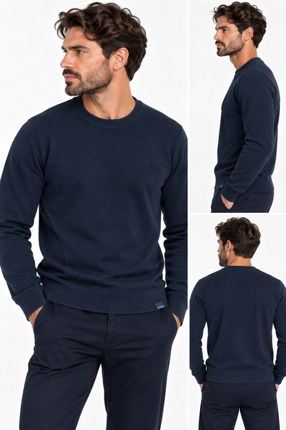 Maglione uomo Enzo Tiffosi blu scuro mostrato in una composizione con vista frontale, laterale e posteriore, con girocollo e maniche lunghe