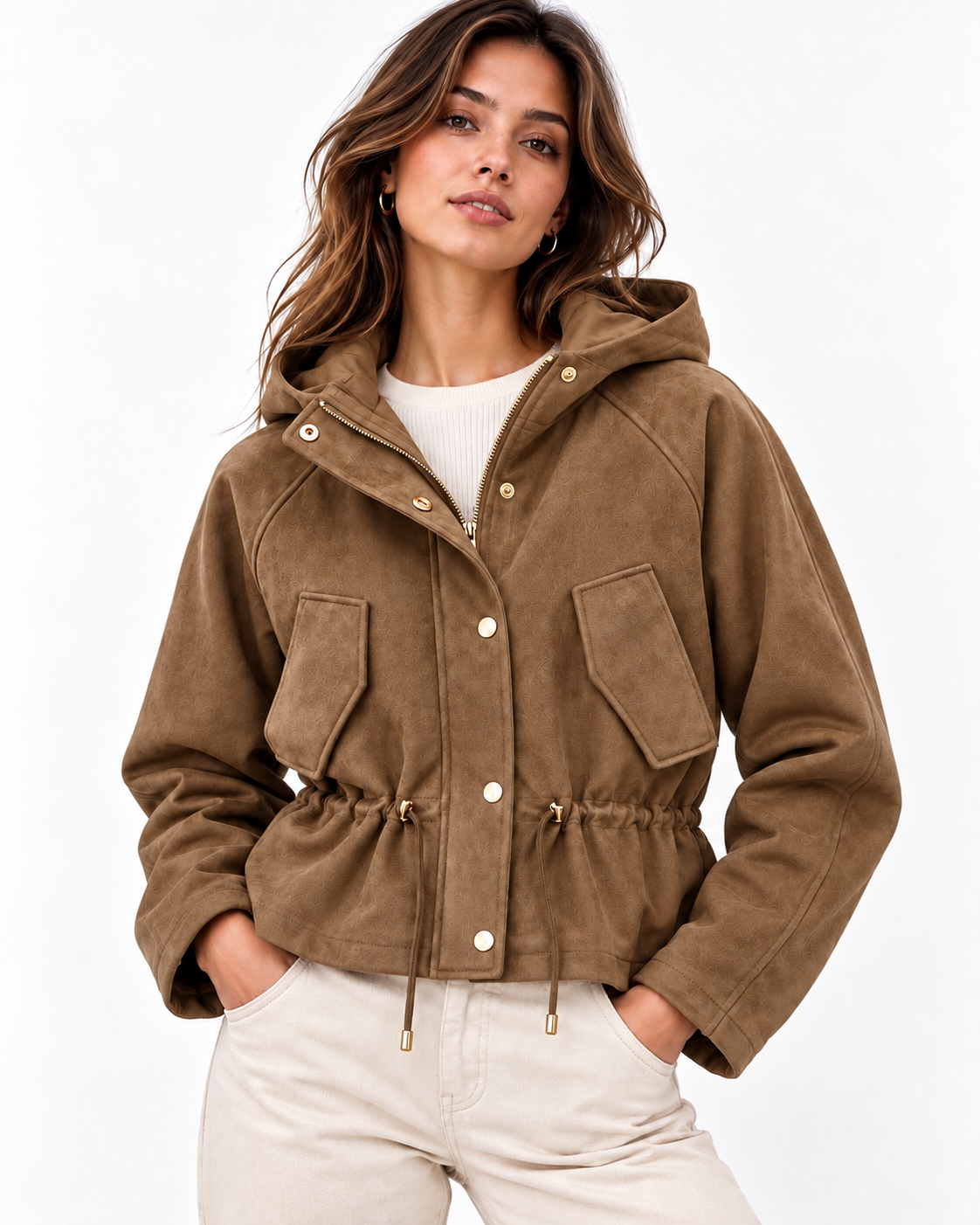 Giubbino donna Charlotte Tiffosi camel effetto daino, indossato, vista frontale con coulisse in vita.