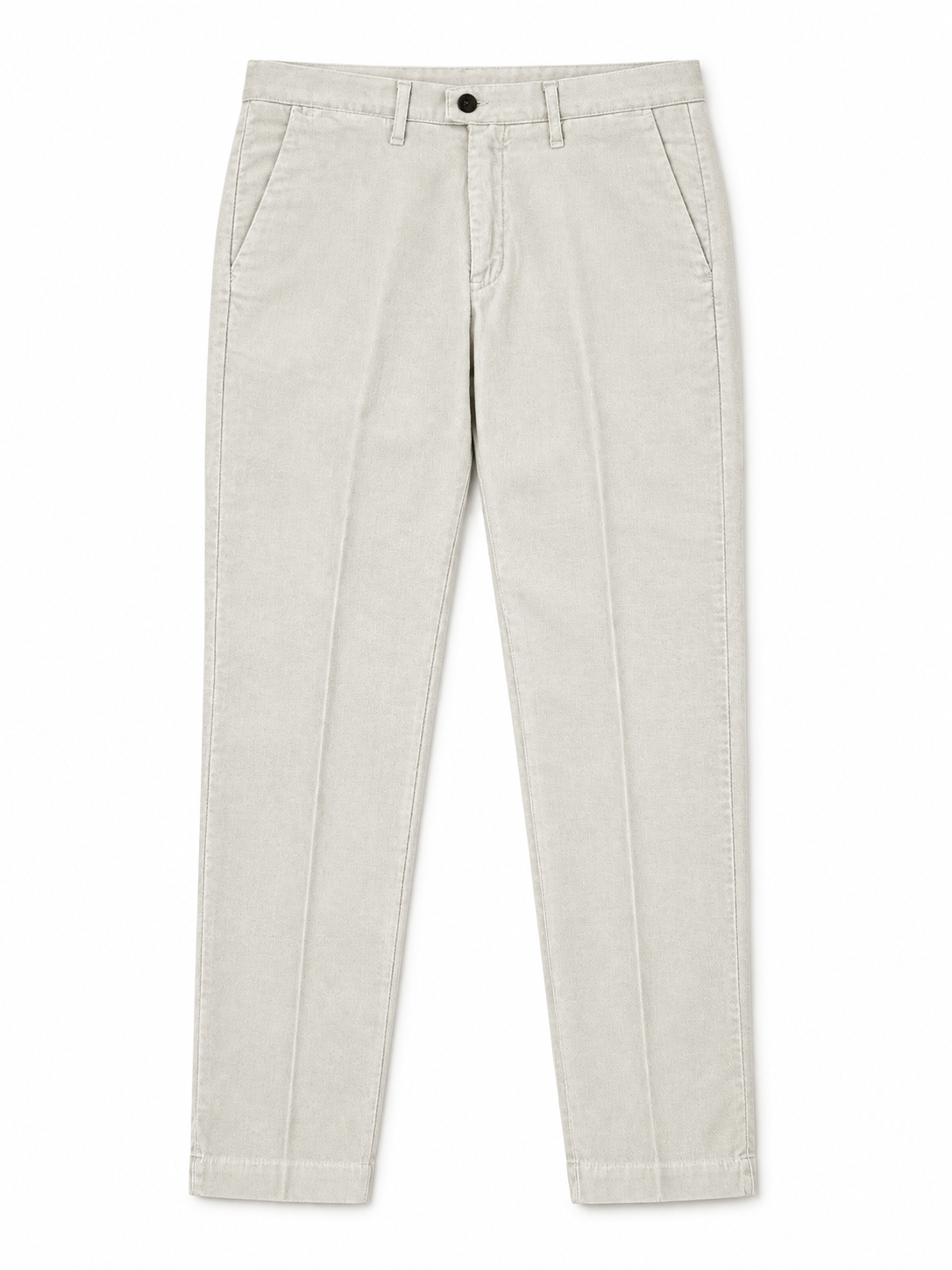 Pantalone uomo in fustagna beige chiaro, vista frontale del capo con chiusura a bottone, passanti e piega lungo la gamba.