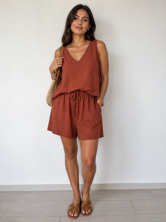 Coordinato donna in Tencel salmone - vista frontale con canotta ampia e shorts estivi - Frarò
