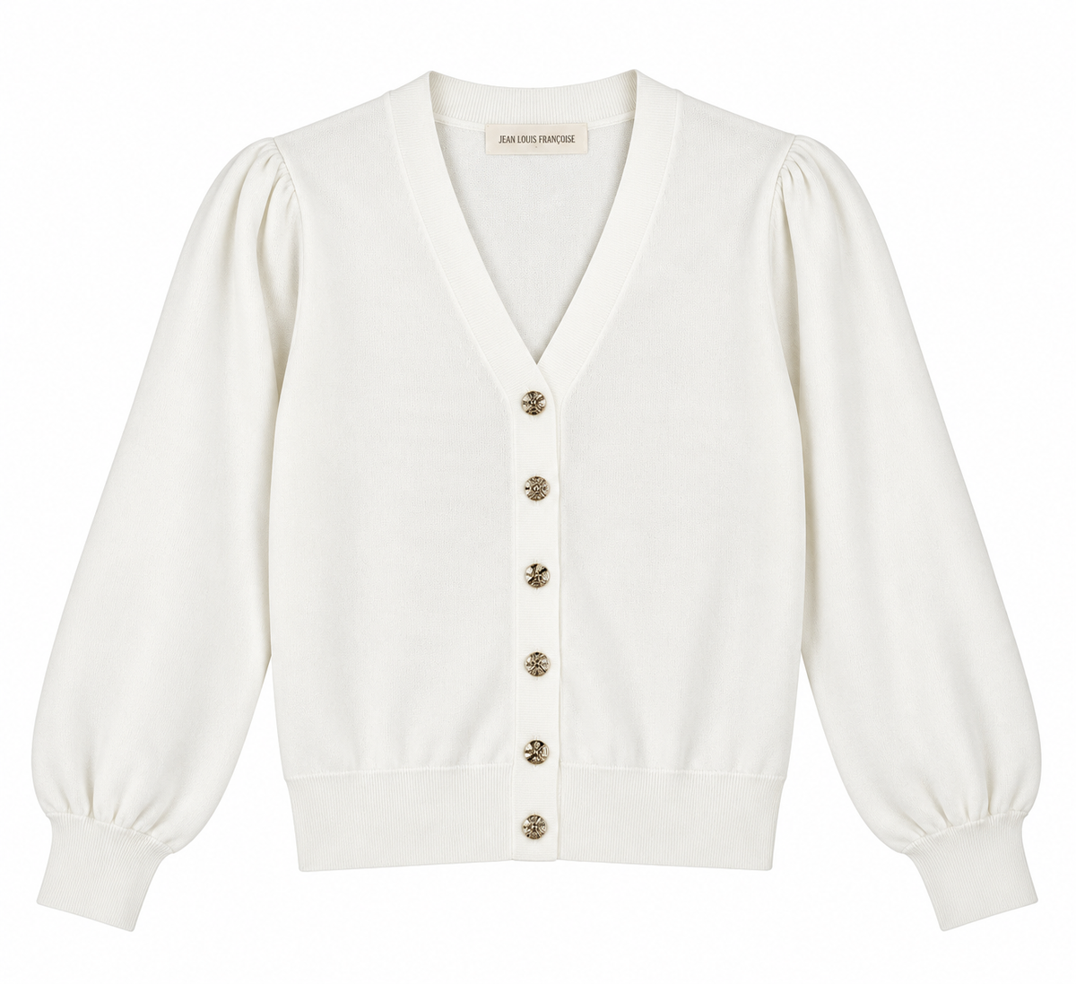 Cardigan donna 301 bianco su fondo bianco, con scollo a V, sei bottoni gioiello dorati, maniche lunghe a sbuffo e fondo elasticizzato.