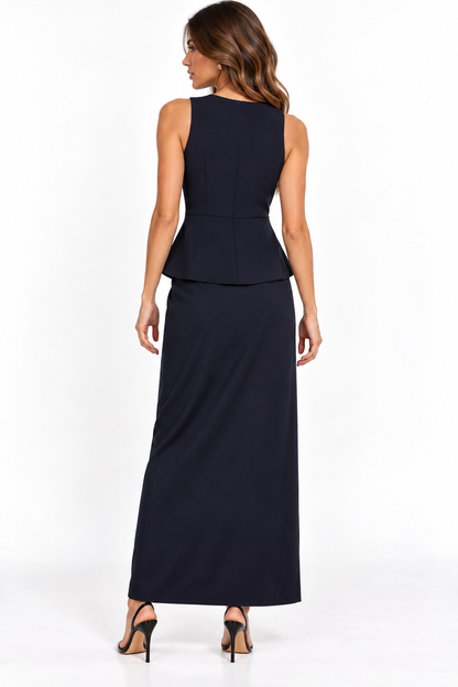 Abito donna lungo Jerimy Tiffosi blu navy indossato, vista posteriore completa del corpetto e della gonna