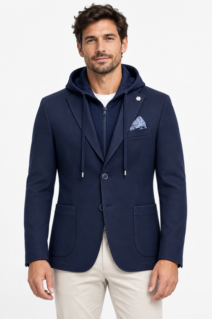 Giacca uomo punto milano Moro blu scuro con cappuccio removibile, vista frontale indossata.