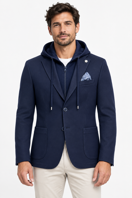 Giacca uomo punto milano Moro blu scuro con cappuccio removibile, vista frontale indossata.