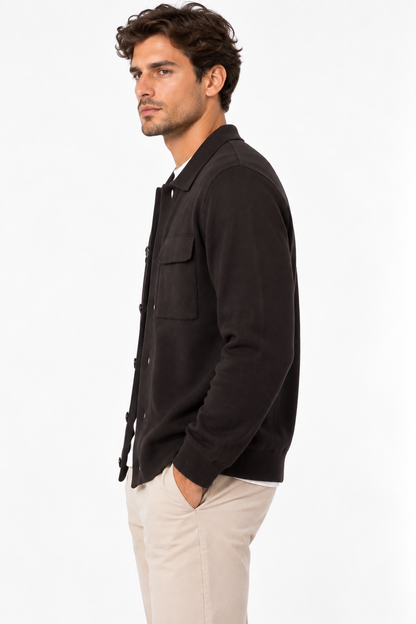 “Cardigan uomo 501 Moro cioccolato indossato, vista laterale”