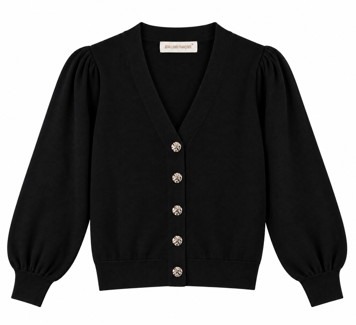 Cardigan donna 301 nero su fondo bianco, con scollo a V, bottoni gioiello dorati e maniche lunghe a sbuffo.
