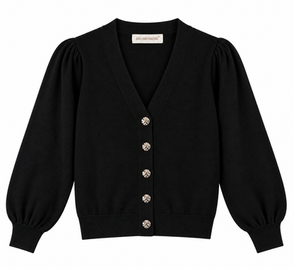 Cardigan donna 301 nero su fondo bianco, con scollo a V, bottoni gioiello dorati e maniche lunghe a sbuffo.