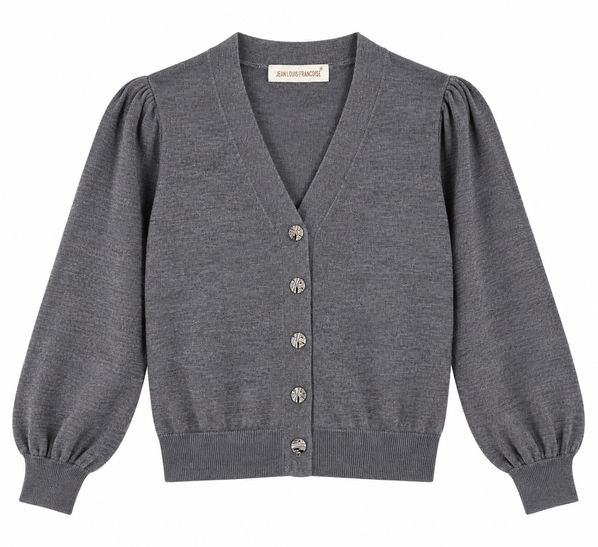 Cardigan donna 301 grigio su fondo bianco, con scollo a V, bottoni gioiello dorati e maniche lunghe a sbuffo.