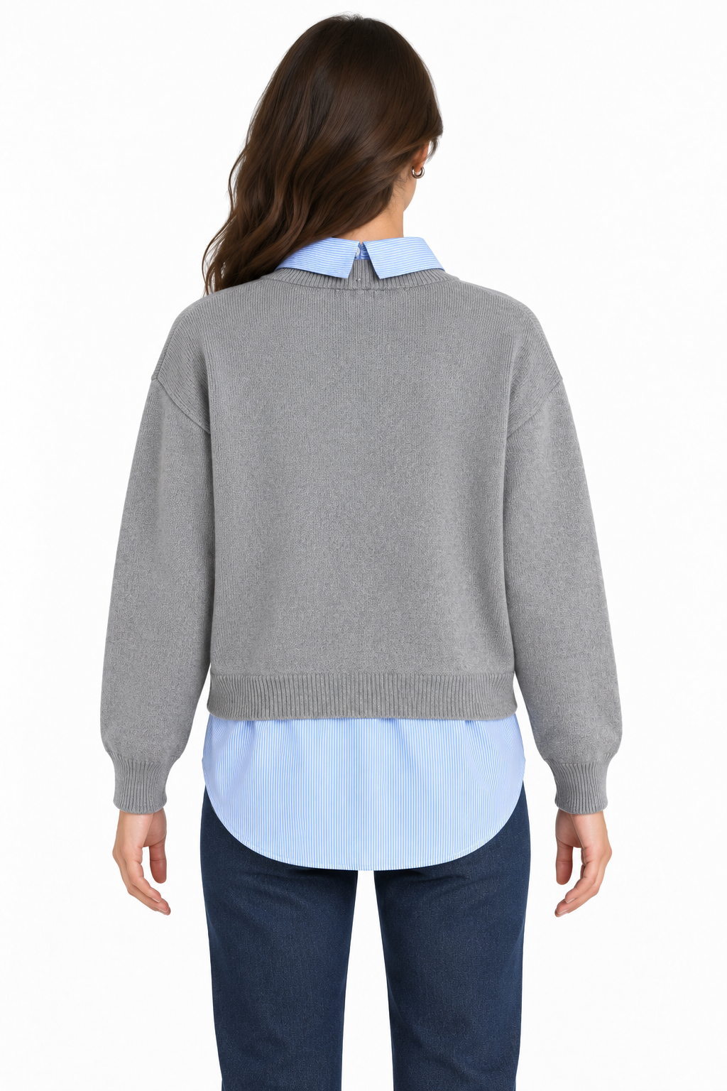 Maglione donna Mixed Tiffosi grigio chiaro, vista posteriore con colletto e fondo camicia a righe azzurre.