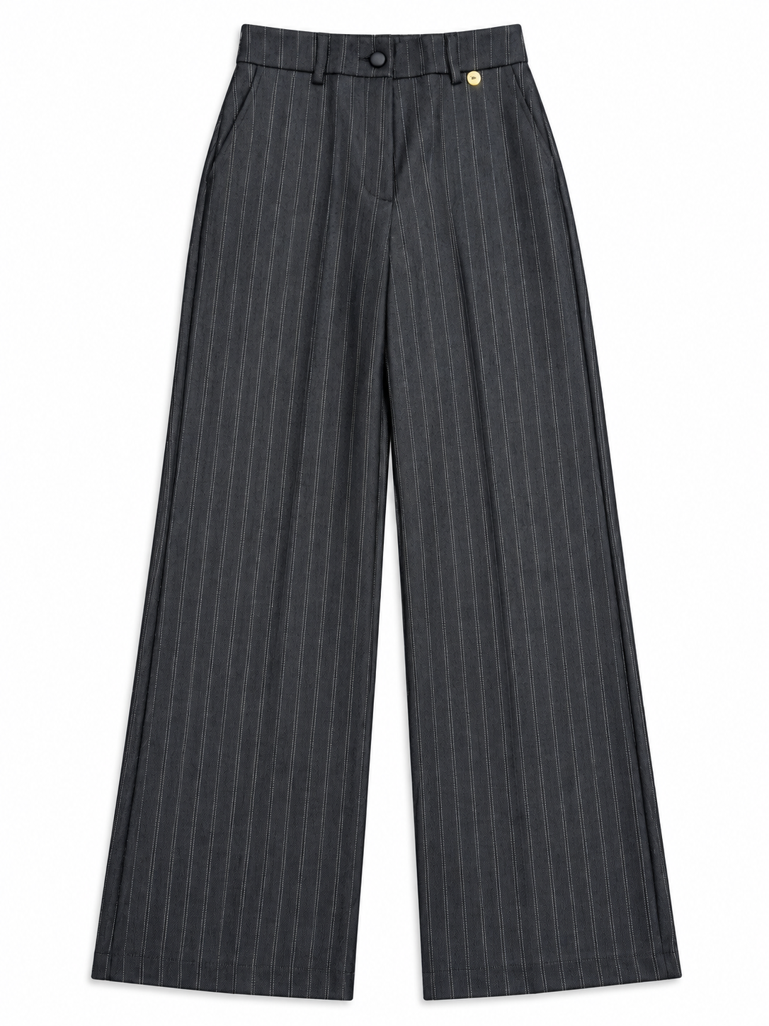 Pantalone palazzo gessato del tailleur donna  Erica Bellucci 513 con vita alta, passanti e tasche laterali, vista frontale.