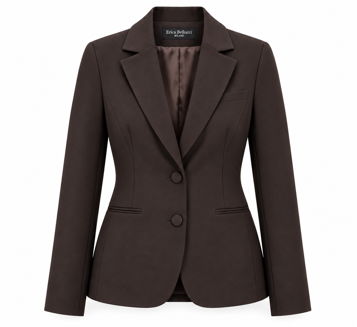 Giacca cioccolato del tailleur donna 549 Erica Bellucci, vista frontale con revers, due bottoni e tasche a filetto.