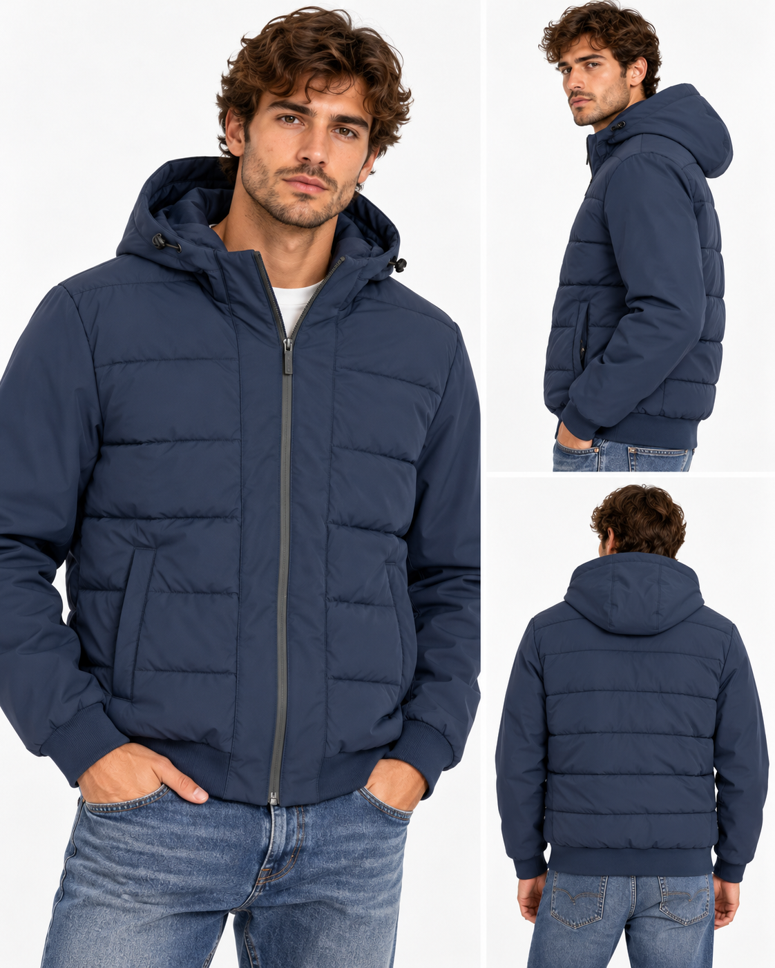 Collage del piumino uomo Clark Tiffosi blu navy indossato, con viste frontale, laterale e posteriore.
