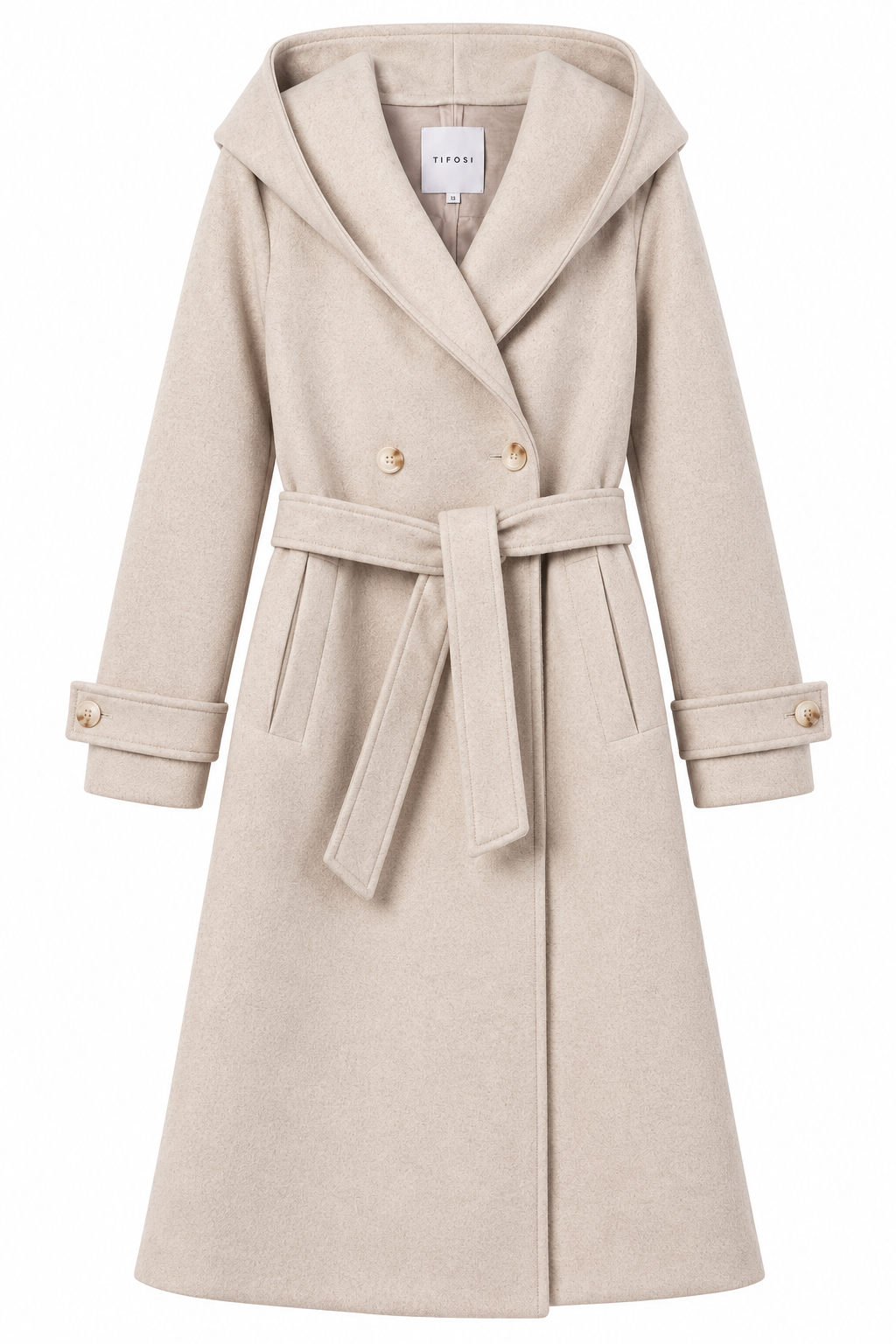 Cappotto donna Collusion Tiffosi panna su fondo bianco, vista frontale con cappuccio, cintura e bottoni ai polsi.