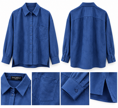 Camicia bluette del completo donna 136, collage fronte e retro con dettagli di colletto, taschino, polsino e spacchi laterali