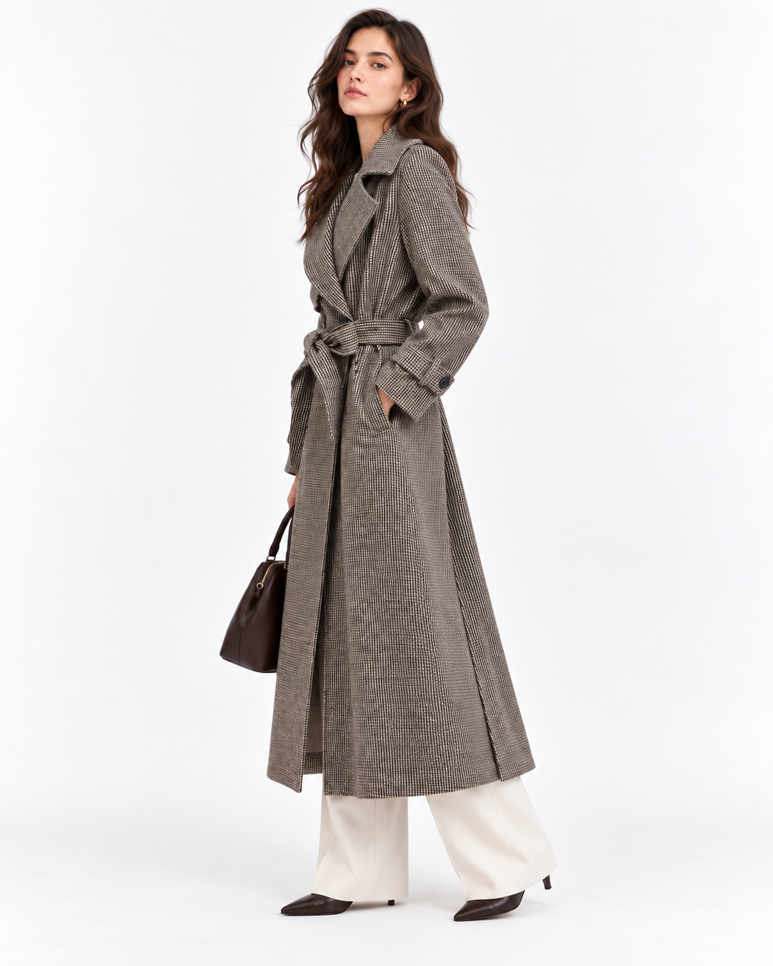 Cappotto lungo donna Candeem Tiffosi a quadri, indossato di tre quarti con cintura e cinturini ai polsi.