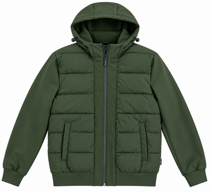 Piumino uomo Clark Tiffosi verde scuro non indossato, vista frontale con cappuccio regolabile e zip