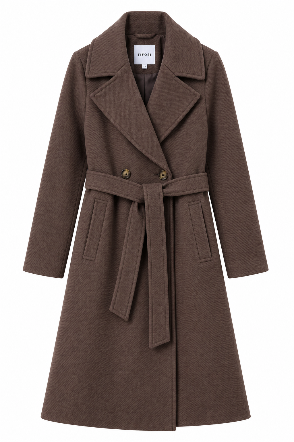 Cappotto Curtis Tiffosi marrone su fondo bianco, vista frontale con doppio petto, cintura e tasche.