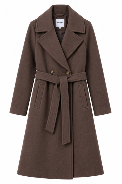 Cappotto Curtis Tiffosi marrone su fondo bianco, vista frontale con doppio petto, cintura e tasche.