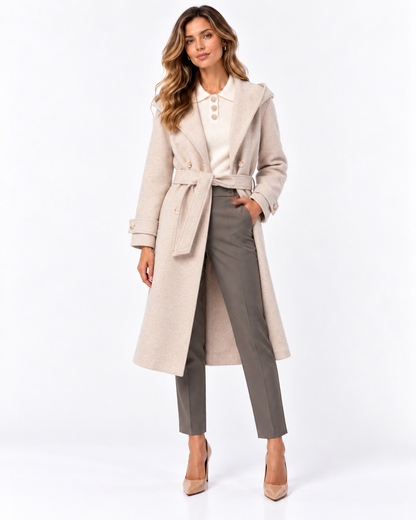 Cappotto donna Collusion Tiffosi panna indossato aperto, abbinato a pantaloni grigi e décolleté.