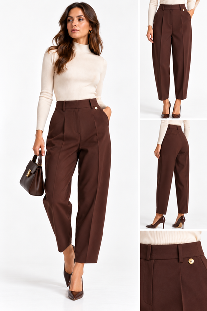 Collage del pantalone donna sartoriale 026 color cioccolato indossato, con viste frontale e posteriore e dettaglio della vita.