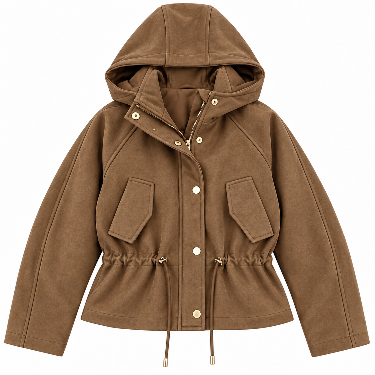Giubbino Charlotte Tiffosi camel, vista frontale del capo con tasche e coulisse.
