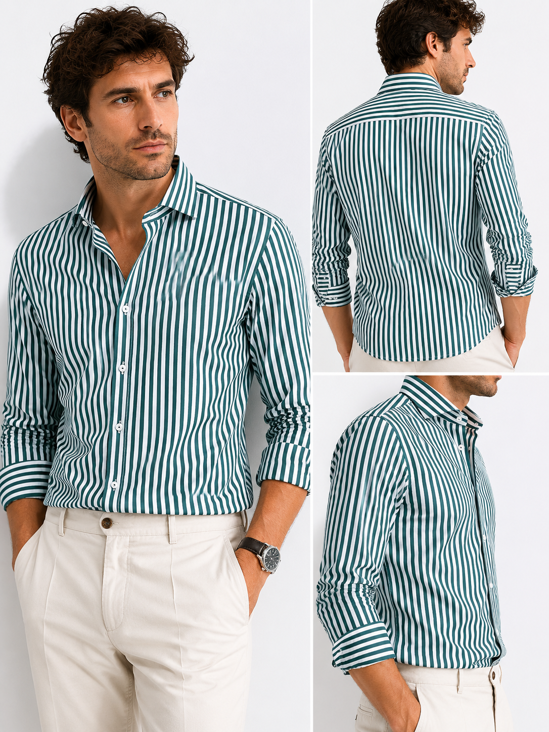 Camicia uomo fast rigo verde - indossato da modello, varie pose, look casual.