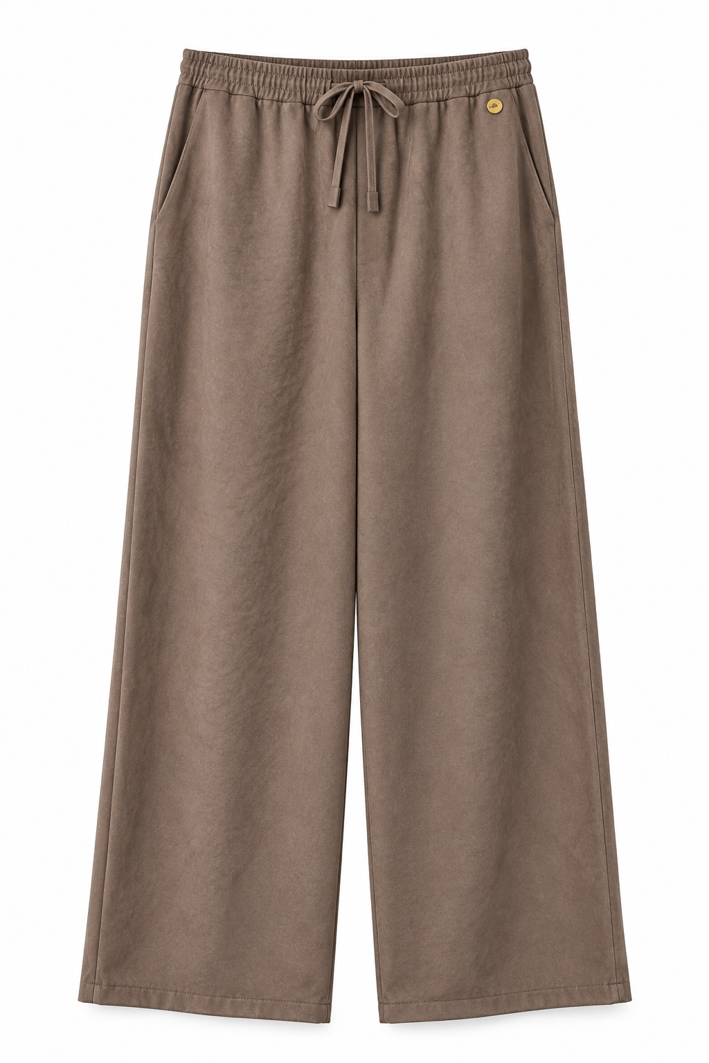 Pantalone wide leg camel del completo donna 136, vista frontale con vita elasticizzata, laccetto e tasche laterali