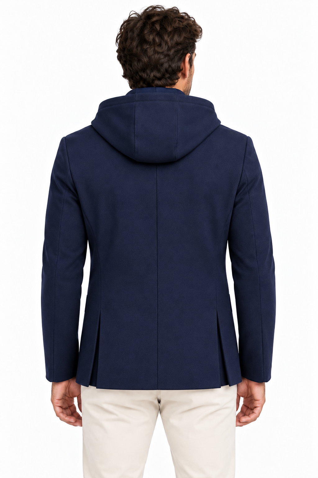Giacca uomo punto milano Moro blu scuro, vista posteriore indossata con cappuccio e spacchi laterali.
