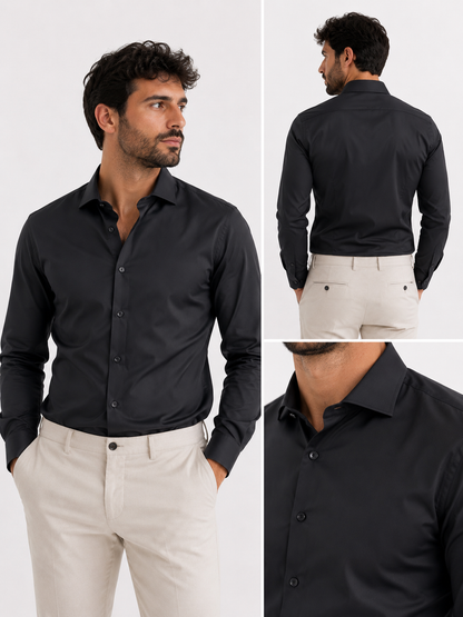 Camicia uomo soft basic nera elegante da uomo Frarò - indossata da modello -  vista dettagli frontale, posteriore e collo - Made in Italy