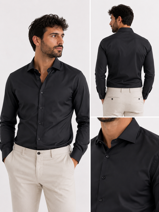 Camicia uomo soft basic nera elegante da uomo Frarò - indossata da modello -  vista dettagli frontale, posteriore e collo - Made in Italy